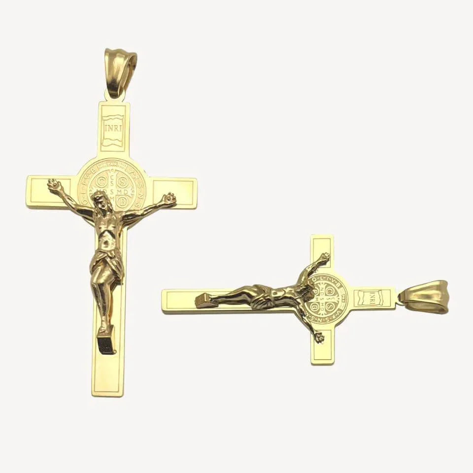 Pingente Crucifixo com Medalha de São Bento em Aço Inoxidável 316L - Sua Fé Fortalecida!