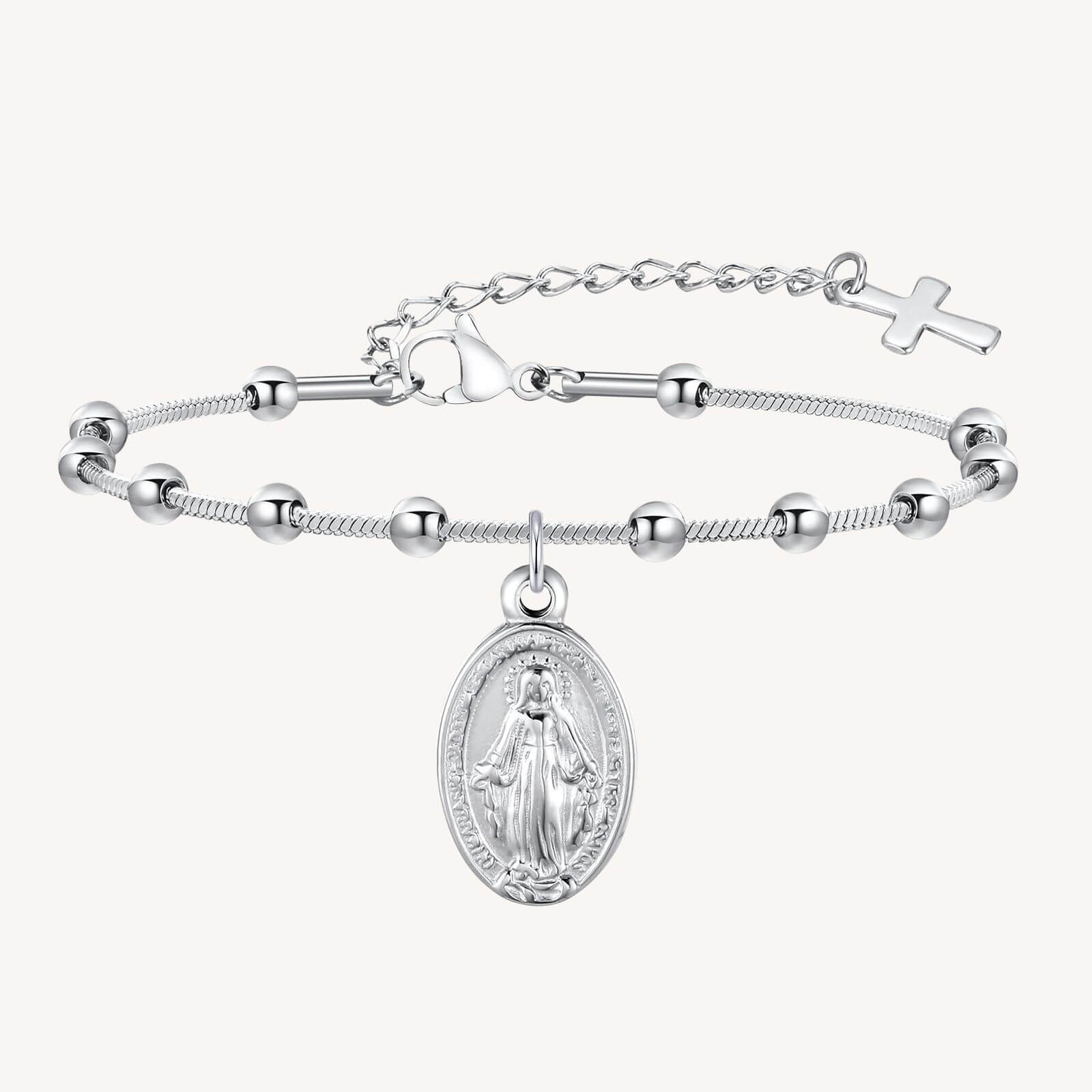 Pulseira Terço com Cruz e Nossa Senhora em Aço Inoxidável - Um Símbolo de Devoção Com Um Toque de Delicadeza!