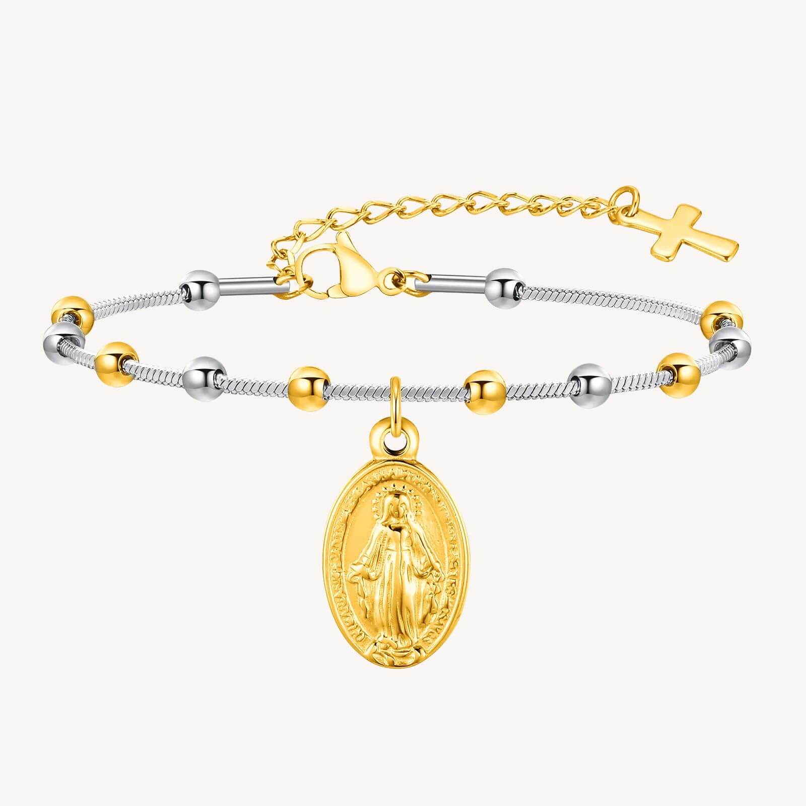 Pulseira Terço com Cruz e Nossa Senhora em Aço Inoxidável - Um Símbolo de Devoção Com Um Toque de Delicadeza!