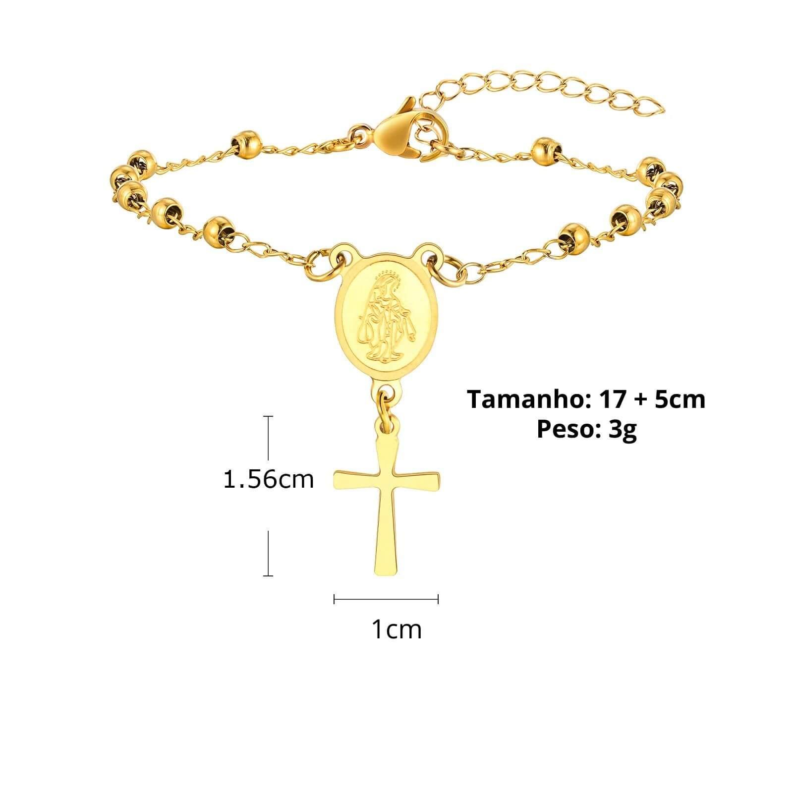 Pulseira Terço em Aço Inoxidável com Cruz e Medalha de Nossa Senhora - Oração Constante!