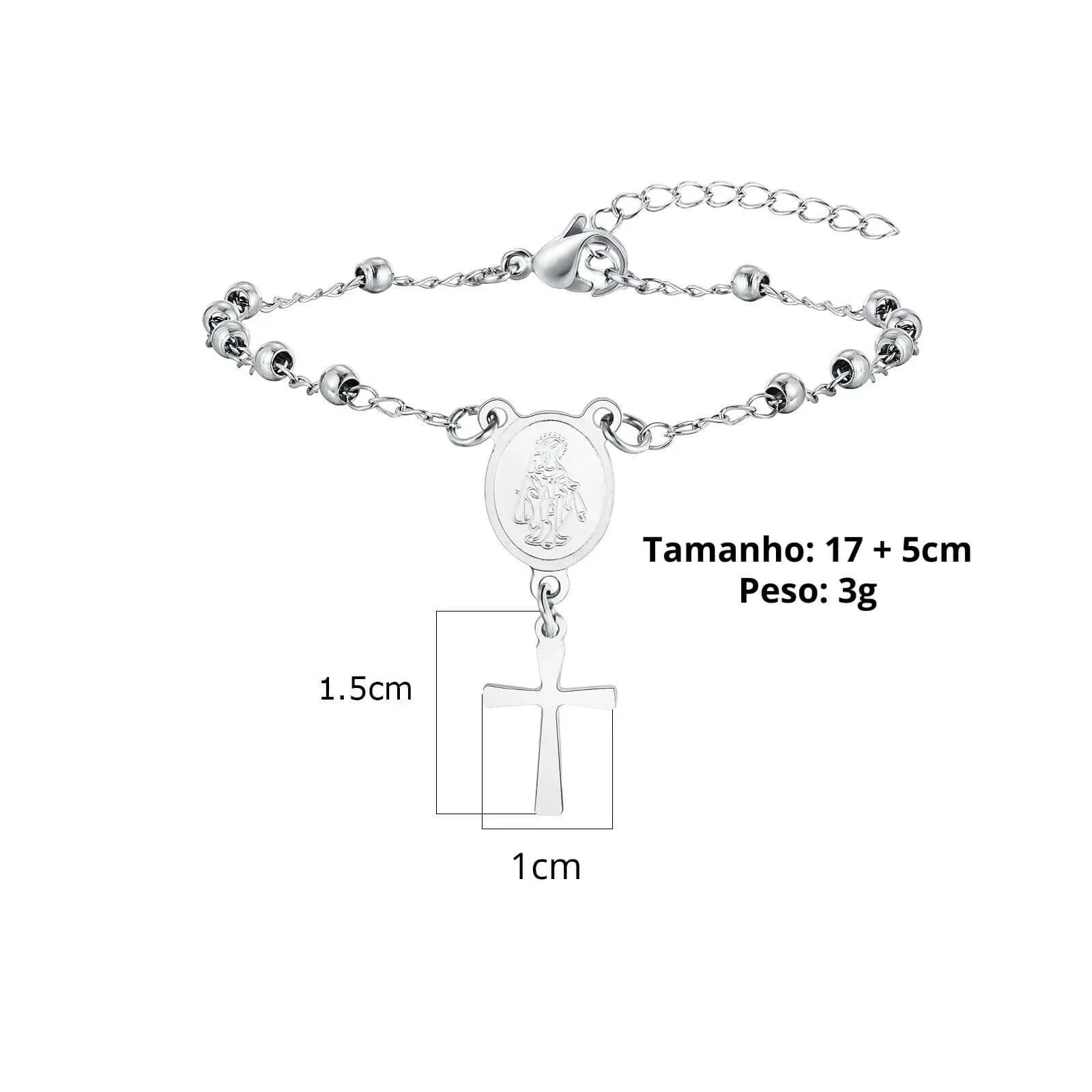 Pulseira Terço em Aço Inoxidável com Cruz e Medalha de Nossa Senhora - Oração Constante!