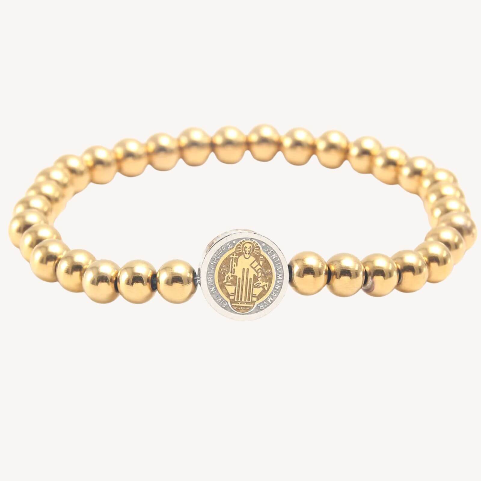 Pulseira Medalha de São Bento com Bolinhas em Aço Inoxidável - Use a Poderosa Medalha de São Bento em Todas as Ocasiões!