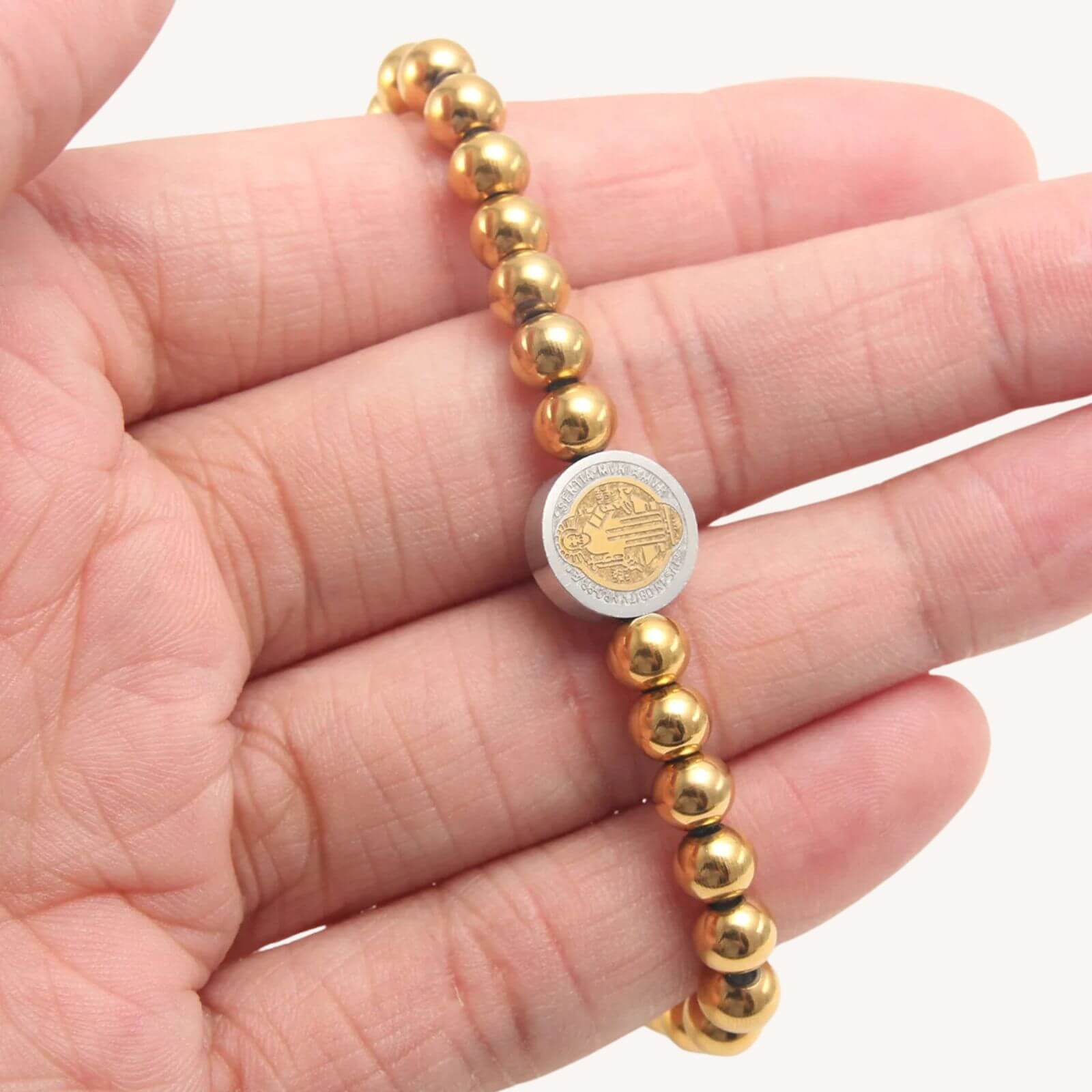 Pulseira Medalha de São Bento com Bolinhas em Aço Inoxidável - Use a Poderosa Medalha de São Bento em Todas as Ocasiões!