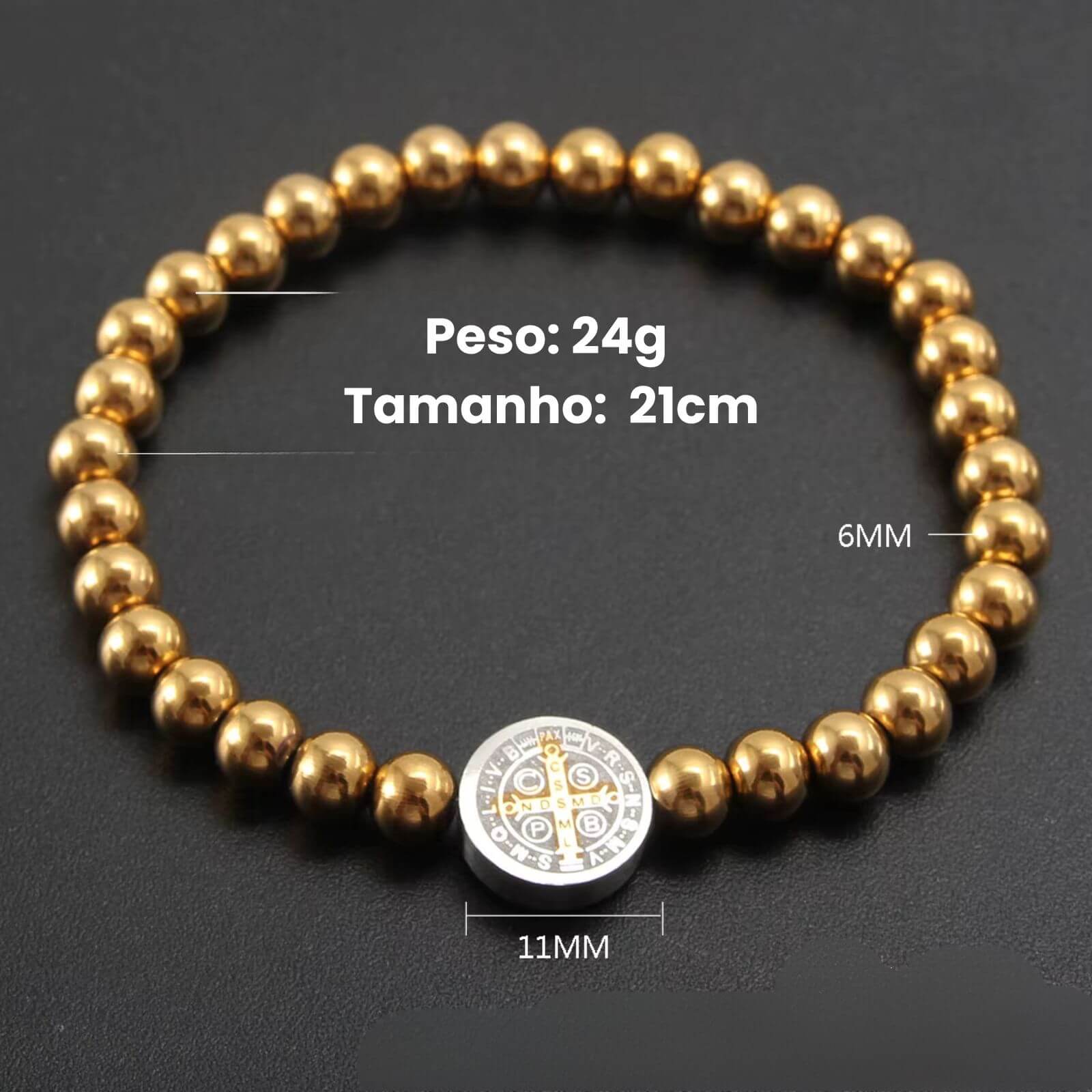 Pulseira Medalha de São Bento com Bolinhas em Aço Inoxidável - Use a Poderosa Medalha de São Bento em Todas as Ocasiões!