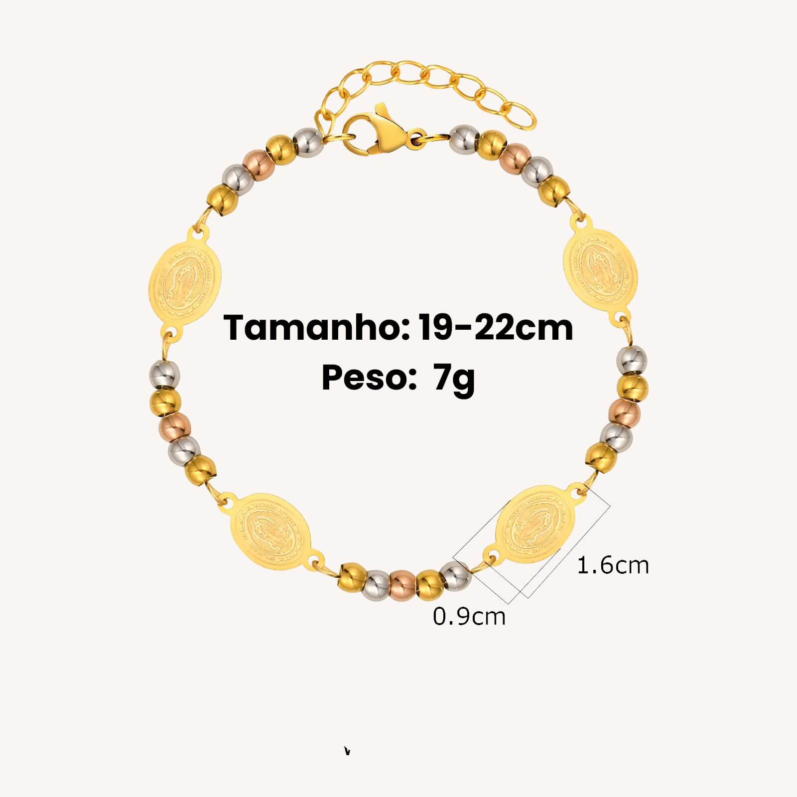 Pulseira de Bolinhas com Medalha da Virgem Maria em Aço Inoxidável