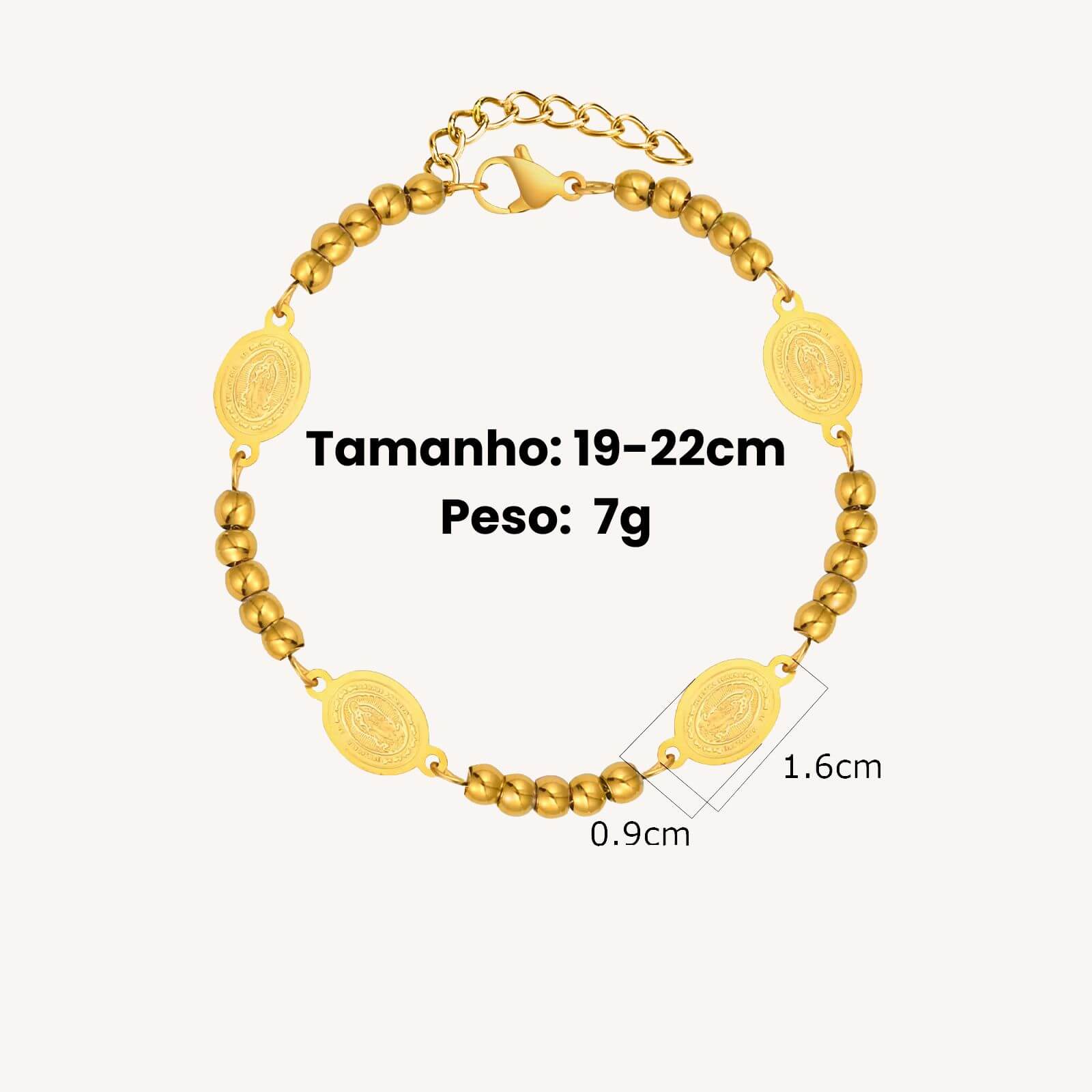 Pulseira de Bolinhas com Medalha da Virgem Maria em Aço Inoxidável