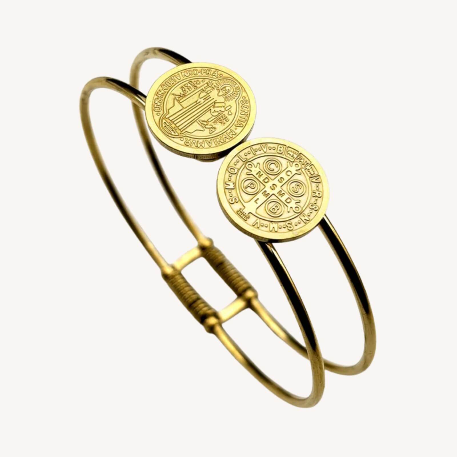 Pulseira Rígida Dupla Medalha de São Bento em Aço Inoxidável - O Poderoso Símbolo de São Bento em Uma Joia de Destaque!