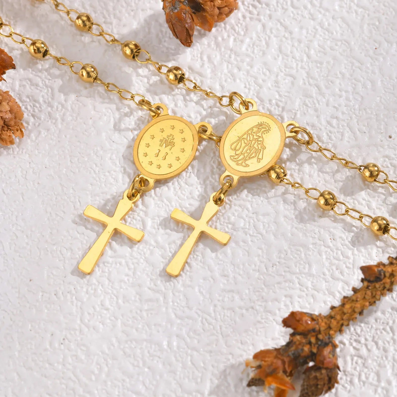 Pulseira Terço em Aço Inoxidável com Cruz e Medalha de Nossa Senhora - Oração Constante!