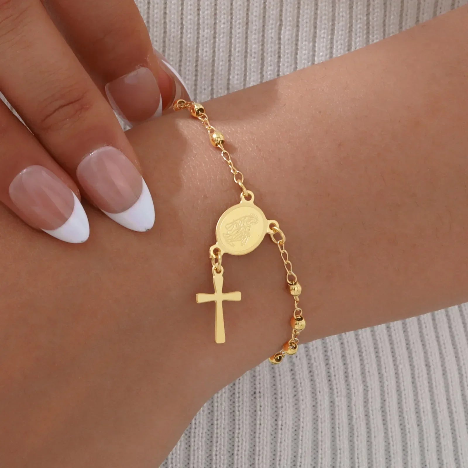 Pulseira Terço em Aço Inoxidável com Cruz e Medalha de Nossa Senhora - Oração Constante!