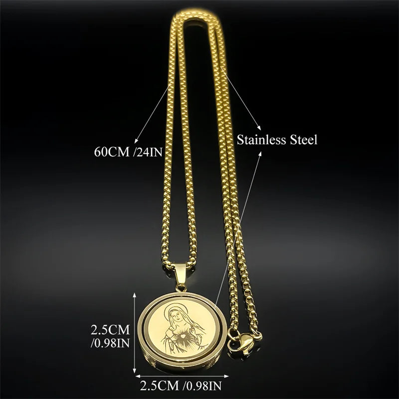 Colar Medalha Sagrado Coração de Maria em Aço Inoxidável Dourado - Use a Fé no Peito e Leve o Amor de Maria Sempre Com Você!