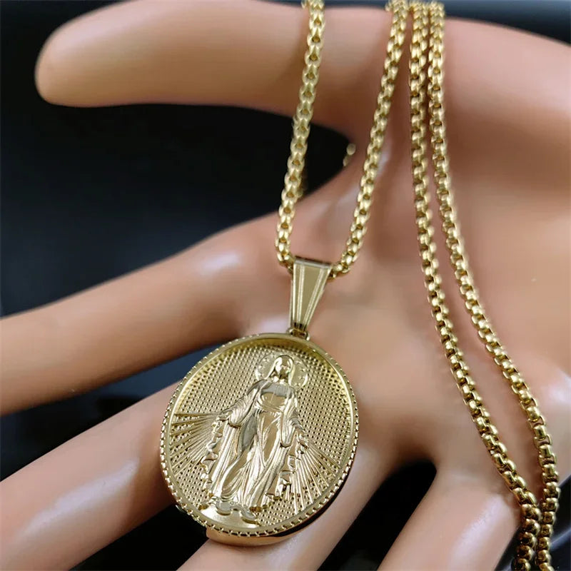 Colar com Pingente Medalha Milagrosa de Nossa Senhora em Aço Inoxidável - Carregue a Essência da Virgem Maria Sempre Com Você!