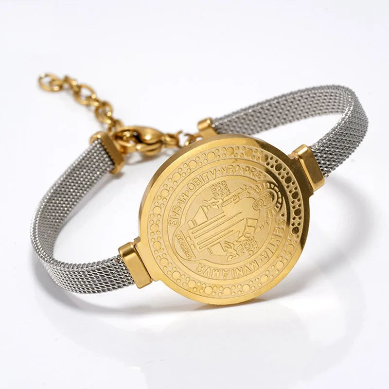 Bracelete Medalha de São Bento Ajustável em Aço Inoxidável Dourado