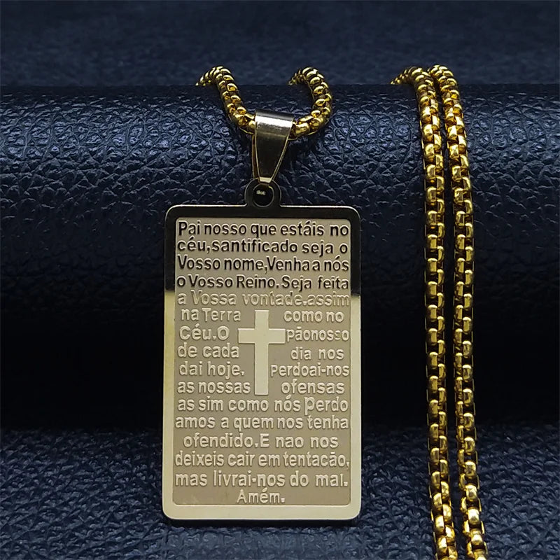 Colar com Pingente Placa Oração do Pai Nosso em Aço Inoxidável - Carregue as Palavras de Deus Sempre Com Você!