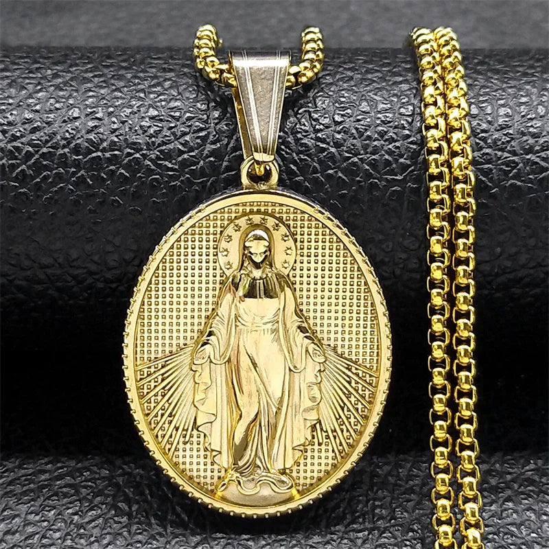 Colar com Pingente Medalha Milagrosa de Nossa Senhora em Aço Inoxidável - Carregue a Essência da Virgem Maria Sempre Com Você!