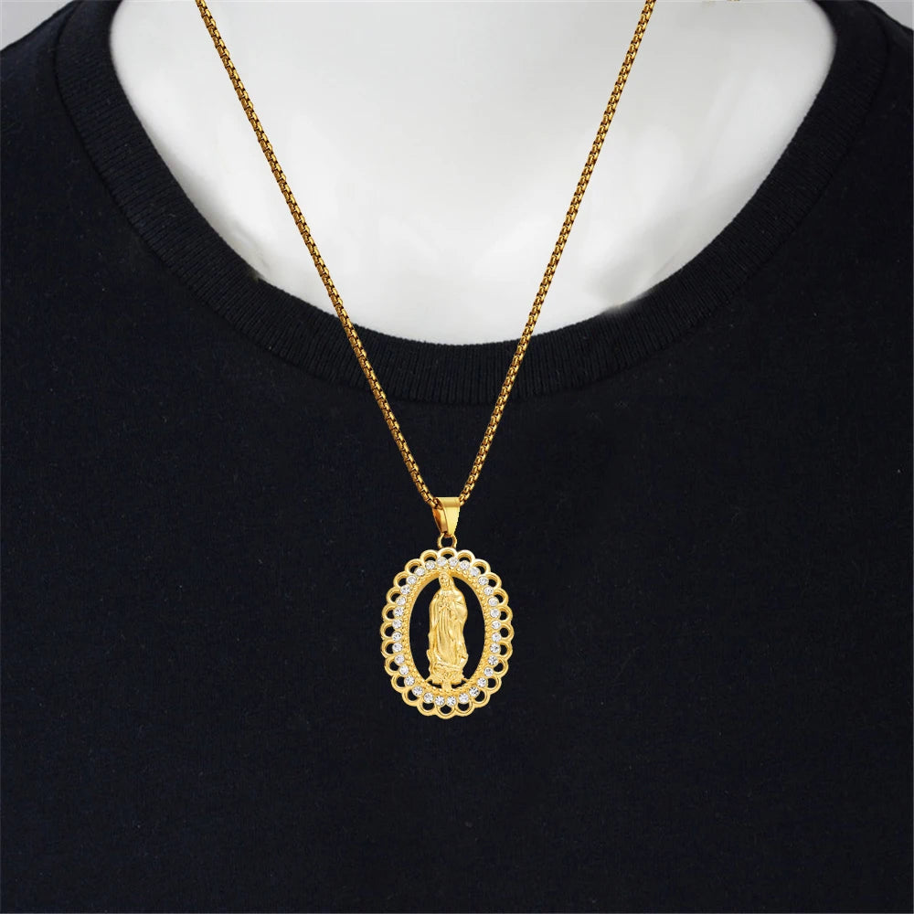Colar Medalha Oval Com Zircônias Nossa Senhora em Aço Inoxidável Dourado