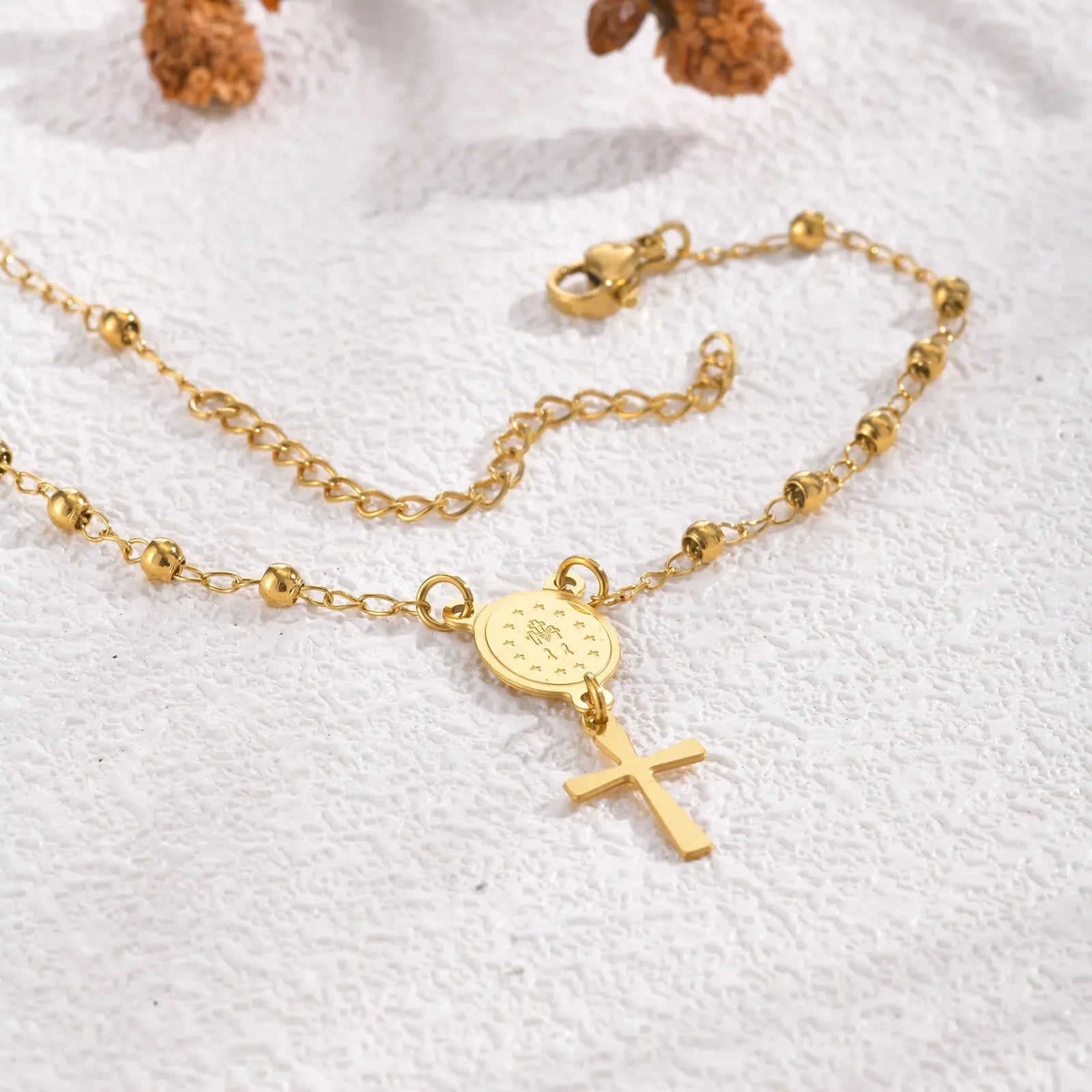 Pulseira Terço em Aço Inoxidável com Cruz e Medalha de Nossa Senhora - Oração Constante!