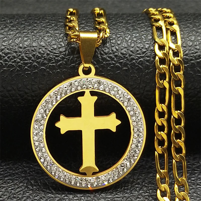 Colar Crucifixo Amulet com Zircônia em Aço Inoxidável - A Luz da Sua Fé em um Acessório Que Brilha!