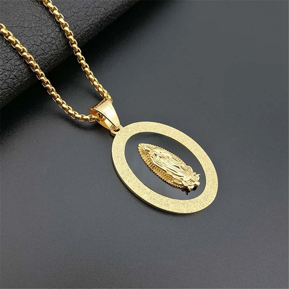 Colar Medalha Oval Nossa Senhora em Aço Inoxidável Dourado - Proteção e Fé Sempre Com Você!