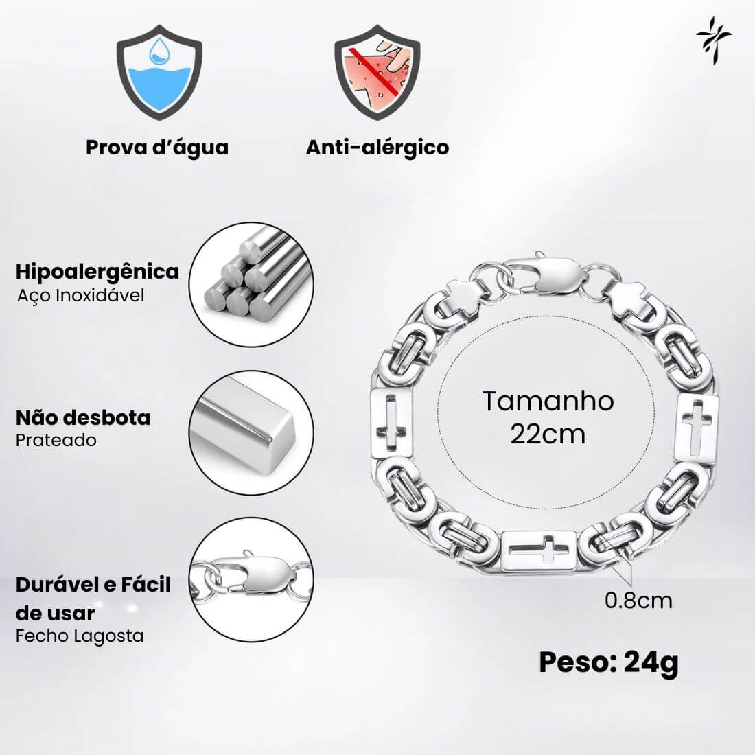 Pulseira Bizantina Masculina Cruz Vazada em Aço Inoxidável Prateado - Força, Fé e Estilo Unidos Em Um Só Acessório!