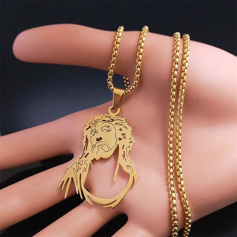 Colar com Pingente Rosto de Jesus com Coroa de Espinhos em Aço Inoxidável - A Fé Que Inspira, o Estilo Que Marca!