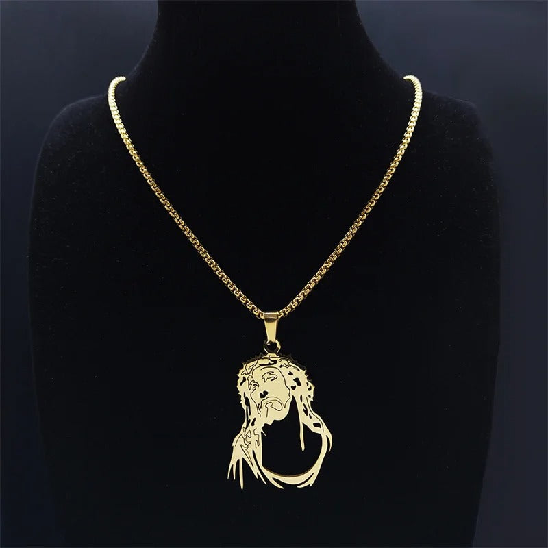 Colar com Pingente Rosto de Jesus com Coroa de Espinhos em Aço Inoxidável - A Fé Que Inspira, o Estilo Que Marca!