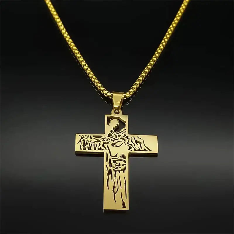 Colar com Crucifixo Jesus Coroa de Espinhos em Aço Inoxidável - Um Símbolo de Sacrifício e Amor Eterno!